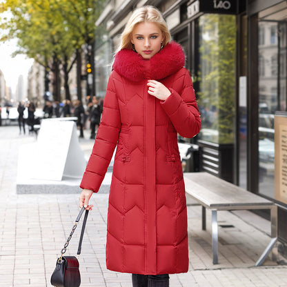 Women's Long Coat With Thickened Fur Collar Straight Slim Cotton-padded Jacket Red 3XL