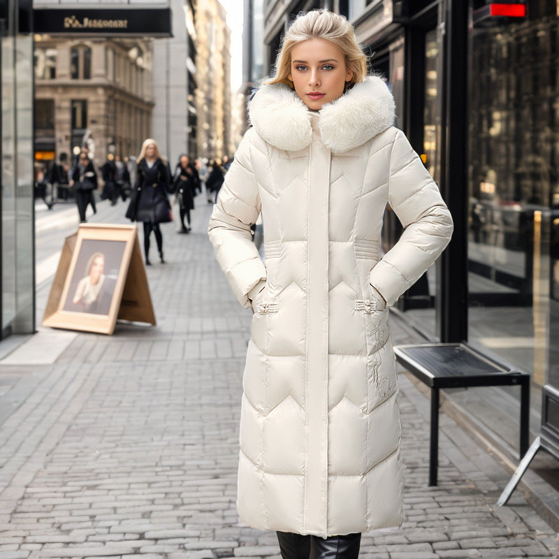 Women's Long Coat With Thickened Fur Collar Straight Slim Cotton-padded Jacket White 2XL