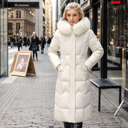 Women's Long Coat With Thickened Fur Collar Straight Slim Cotton-padded Jacket White 3XL