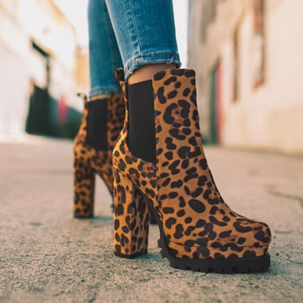 Round-toe Women's Ankle Leopard Print Thick Square High Heel Boots Shoes Ladies Boots Leopard Size35