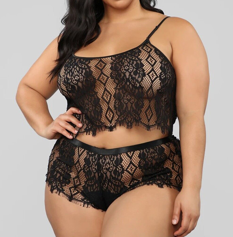 Elegant Women's Two Piece Underwear Lace Plus Size Fat Woman Black L