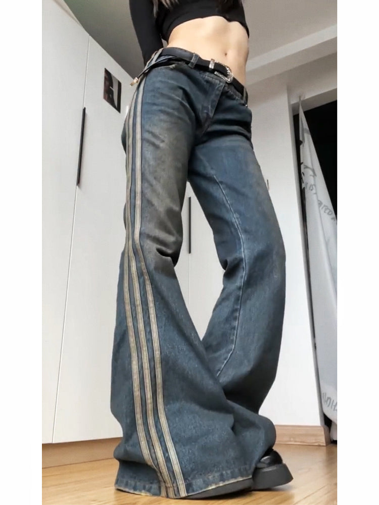 Elegant Women's High Street Vintage Striped Jeans Blue 2XL