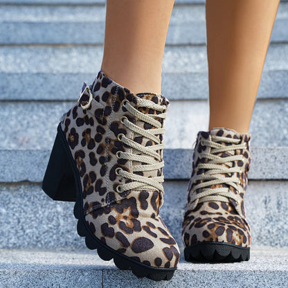 Women's Leopard Print Ankle Boots Winter Square Heel Suede Lace-up Zip Boot Shoes Leopard Size37