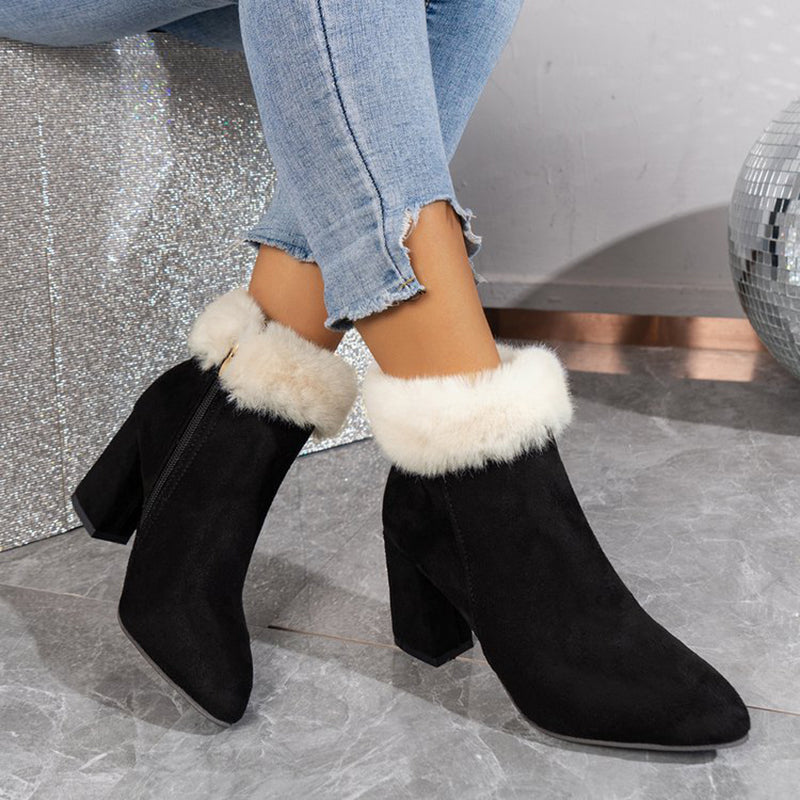 Women's Plush Ankle Boots Winter Fashoin Square Heel Suede Boots Black Size40