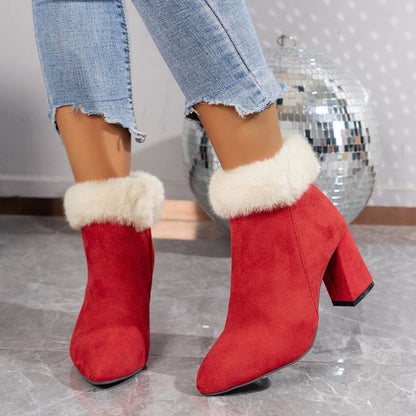 Women's Plush Ankle Boots Winter Fashoin Square Heel Suede Boots Red Size37