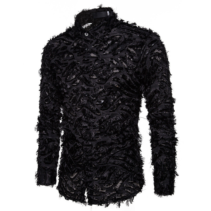 Cute Urban Feather Tassel Lapel Men's Shirt Black L