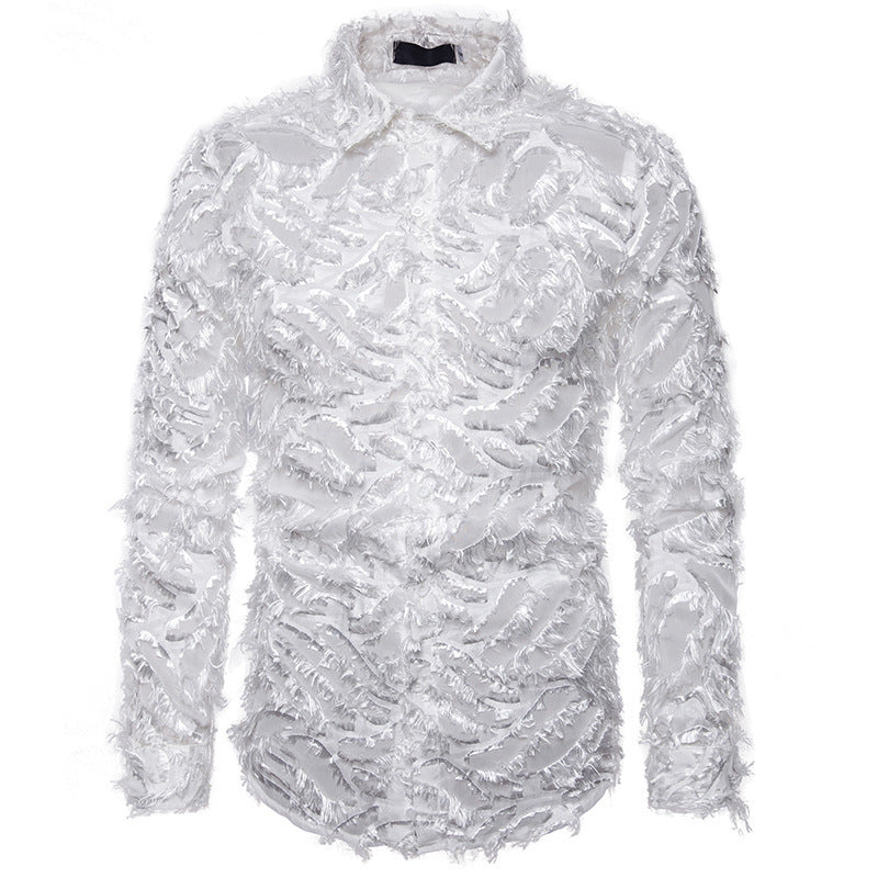 Cute Urban Feather Tassel Lapel Men's Shirt White L