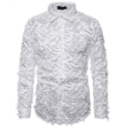 Cute Urban Feather Tassel Lapel Men's Shirt White XXL