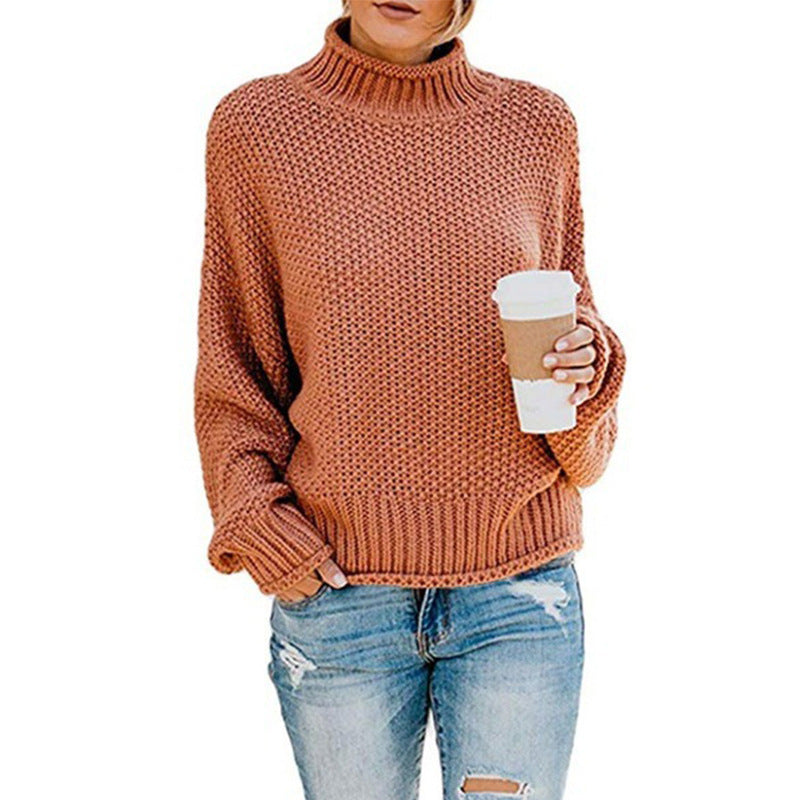 Elegant Warm Women's Knitted Turtleneck Sweater Brick red 2XL