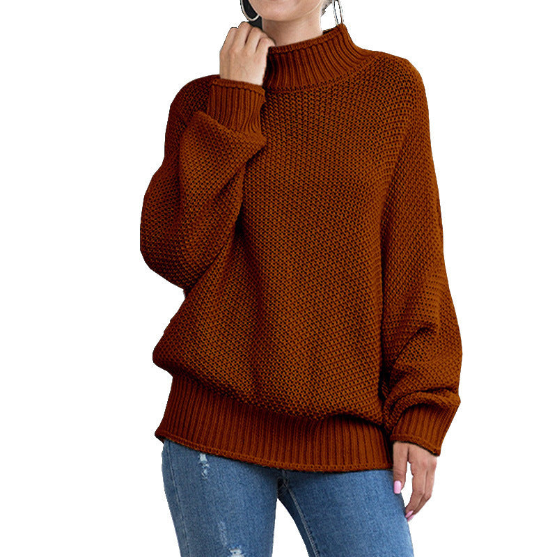 Elegant Warm Women's Knitted Turtleneck Sweater Brown 3XL