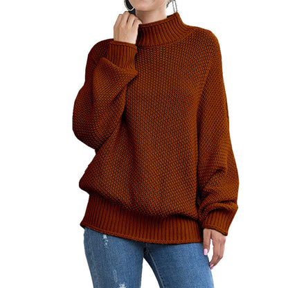 Elegant Warm Women's Knitted Turtleneck Sweater Brown 3XL