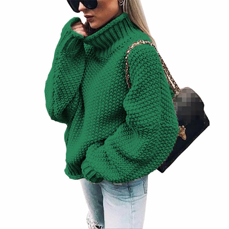 Elegant Warm Women's Knitted Turtleneck Sweater Dark green 3XL