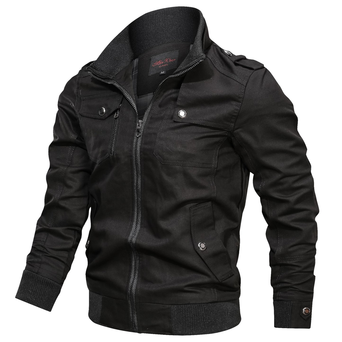 Urban Men's Stand Collar Autumn Winter Jacket Solid Colour Black L