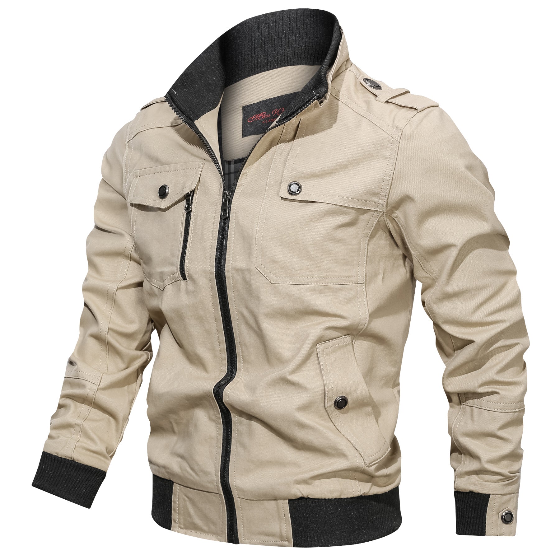 Urban Men's Stand Collar Autumn Winter Jacket Solid Colour Khaki L