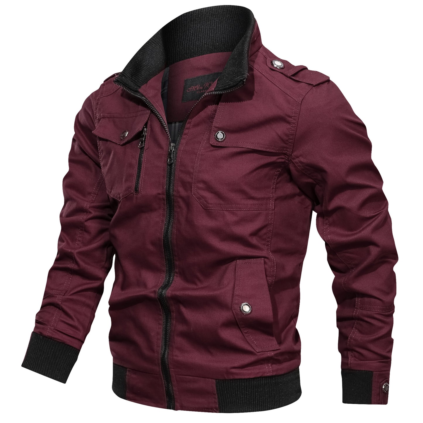 Urban Men's Stand Collar Autumn Winter Jacket Solid Colour Maroon 3XL