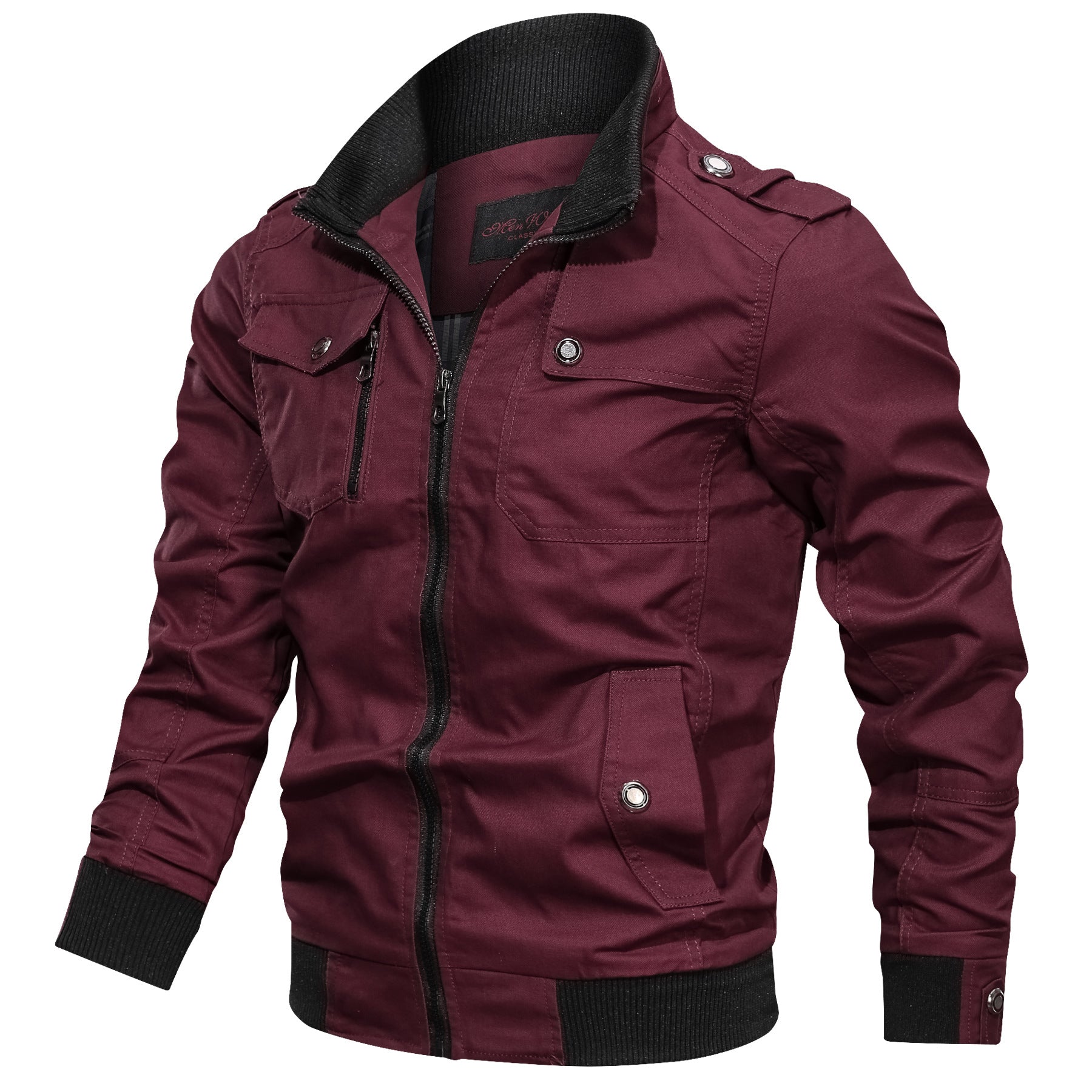 Urban Men's Stand Collar Autumn Winter Jacket Solid Colour Maroon 4XL