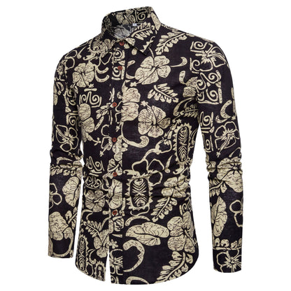 Casual Men's Long Sleeve Cotton Flower Shirt A M