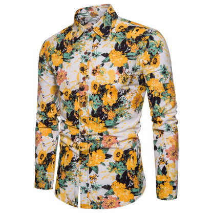 Casual Men's Long Sleeve Cotton Flower Shirt C 2XL