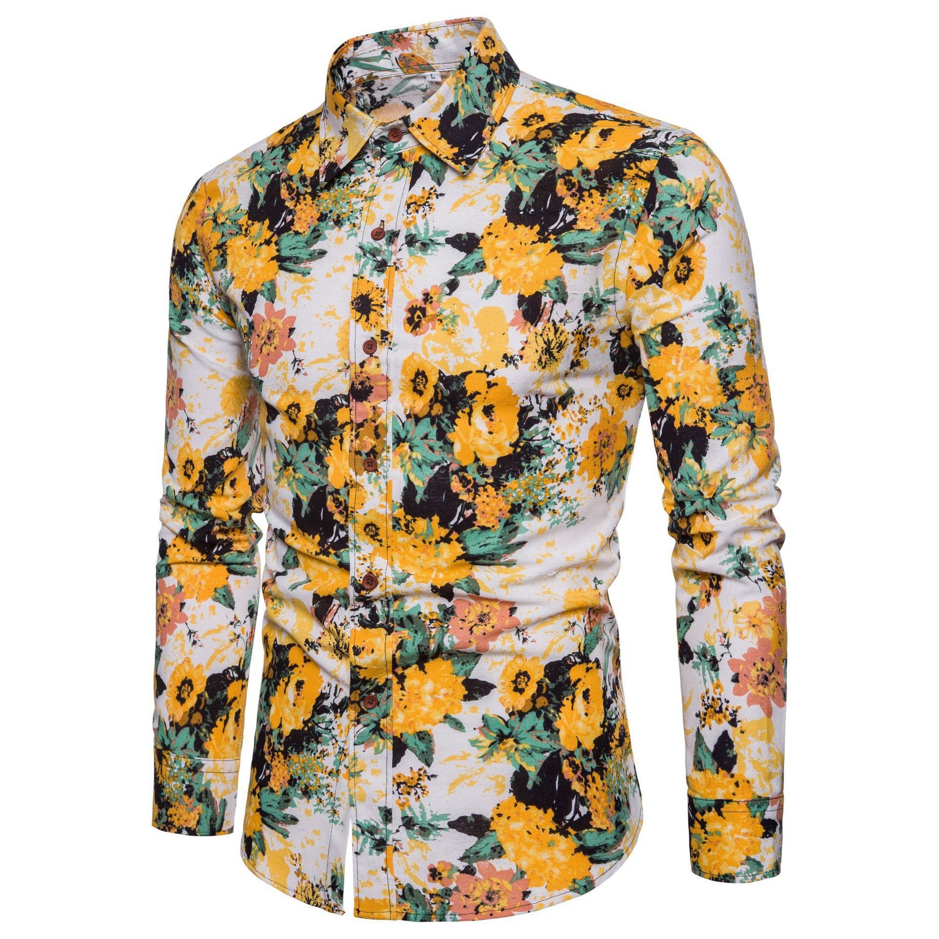 Casual Men's Long Sleeve Cotton Flower Shirt C 3XL