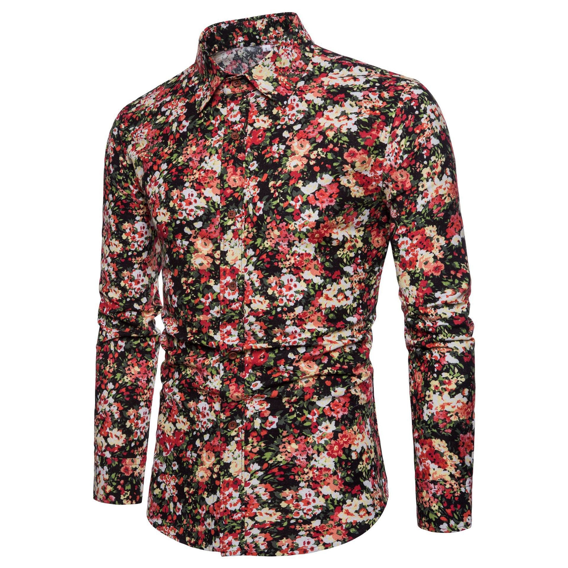 Casual Men's Long Sleeve Cotton Flower Shirt I 2XL