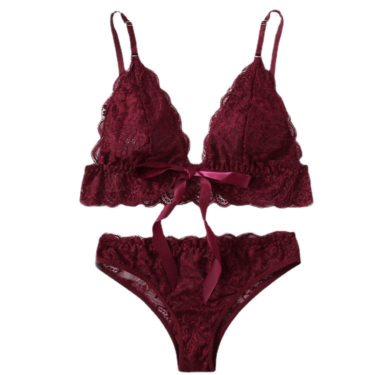 Lovely Women's Lace Embroidered Bikini Bra Panties Wine Red L