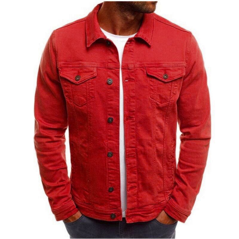 Casual Men Jacket Denim Button Shirt Male Rose red 3XL