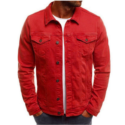 Casual Men Jacket Denim Button Shirt Male Rose red 3XL