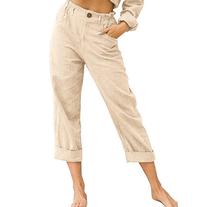 Lovely Women's Cotton Linen Pants Patch work Elastic Waist Pants Trousers Apricot 2XL