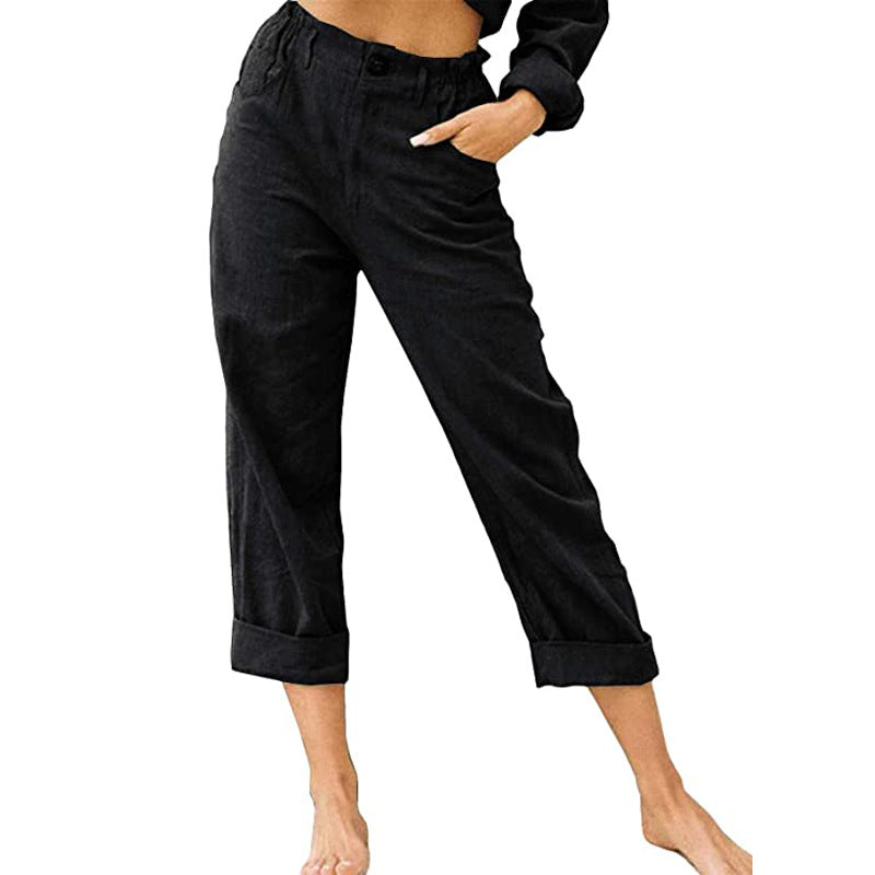 Lovely Women's Cotton Linen Pants Patch work Elastic Waist Pants Trousers Black 2XL