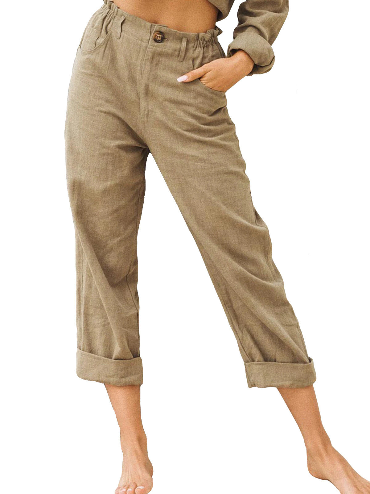 Lovely Women's Cotton Linen Pants Patch work Elastic Waist Pants Trousers Brown 2XL