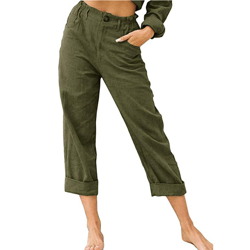 Lovely Women's Cotton Linen Pants Patch work Elastic Waist Pants Trousers Green 2XL