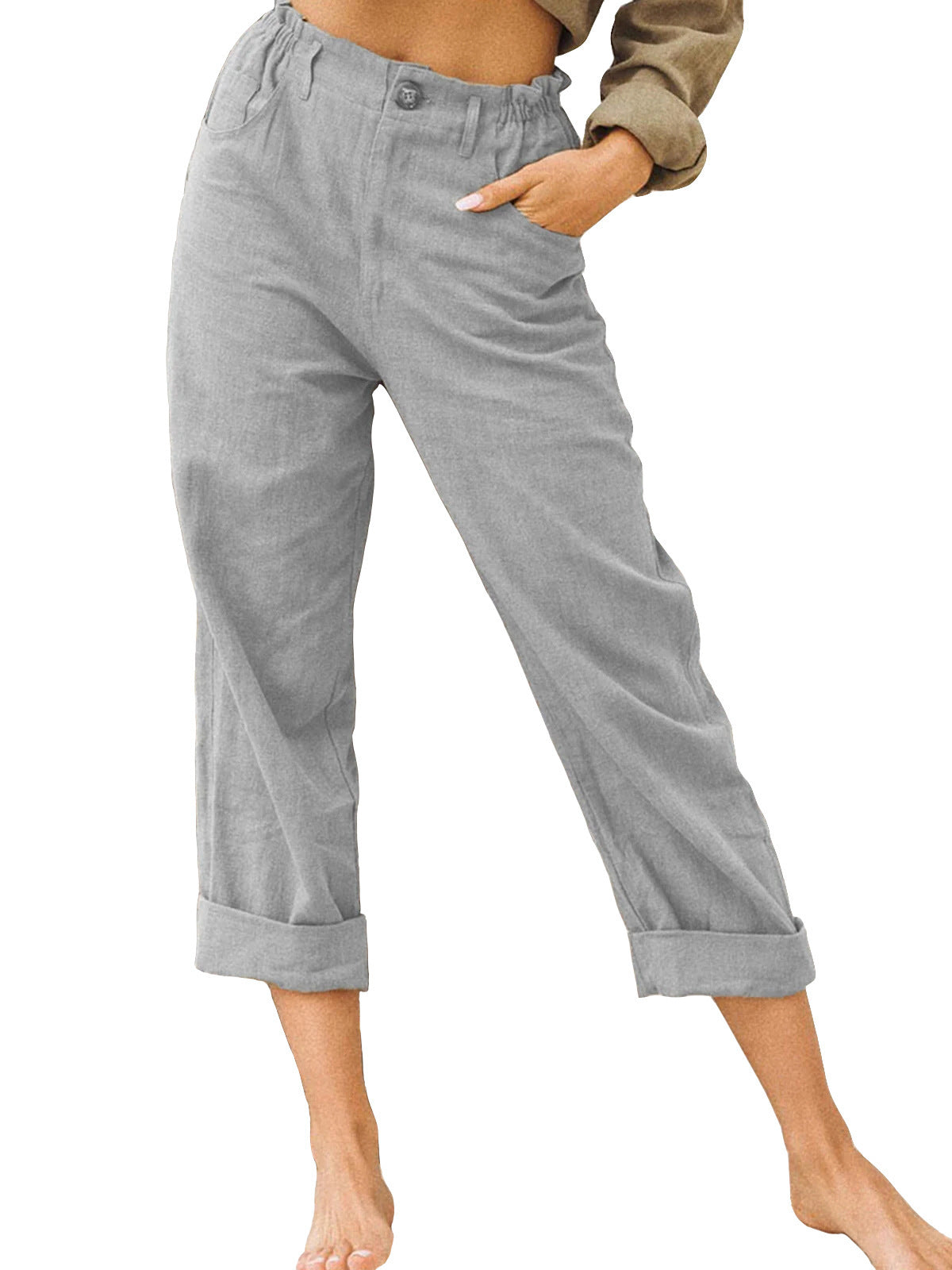 Lovely Women's Cotton Linen Pants Patch work Elastic Waist Pants Trousers Light Grey 2XL