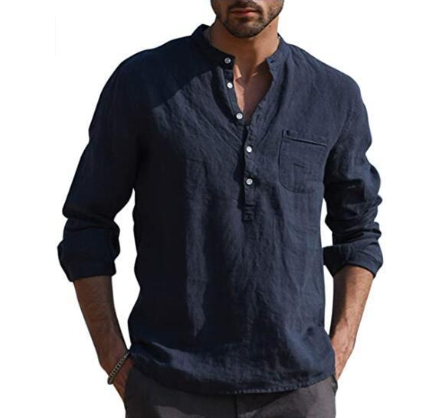 Cute Men's Vintage White Shirt Button Linen Shirts Navy Blue L