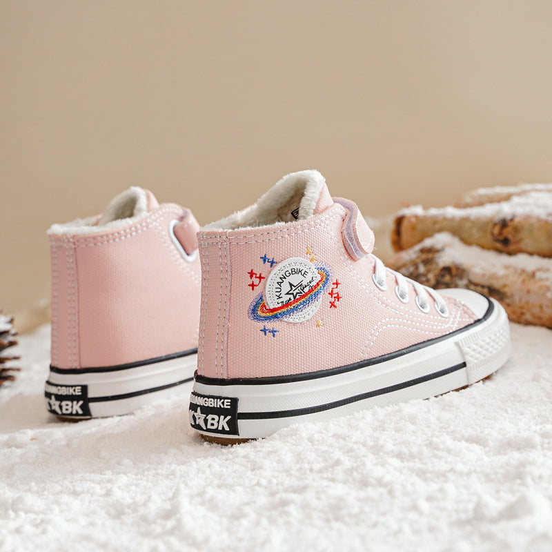 Children's High Top Two Cotton Shoes Winter New Plush Shoes Pink 25