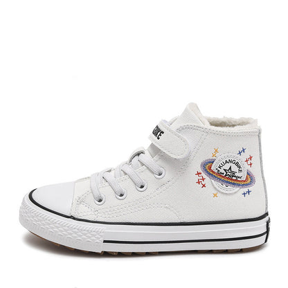 Children's High Top Two Cotton Shoes Winter New Plush Shoes White 28