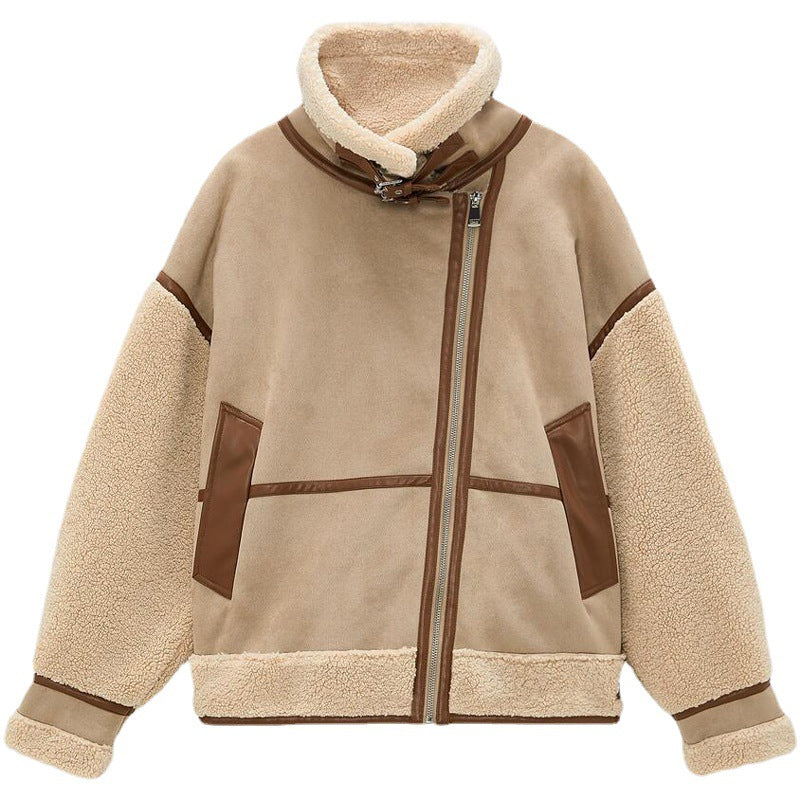 Warm Women's Simple Stitching Zipper Jacket Camel L