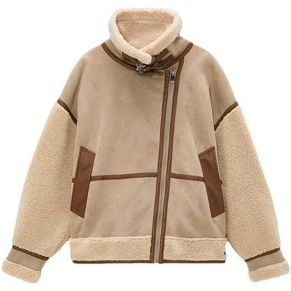 Warm Women's Simple Stitching Zipper Jacket Camel S