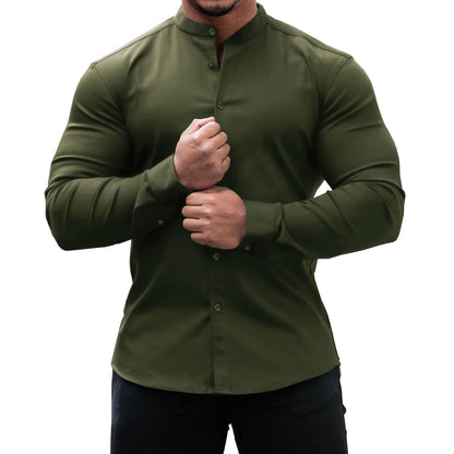 Men's Male Casual Long Sleeve Button Down Slim Tops Solid Color Shirt Army Green L