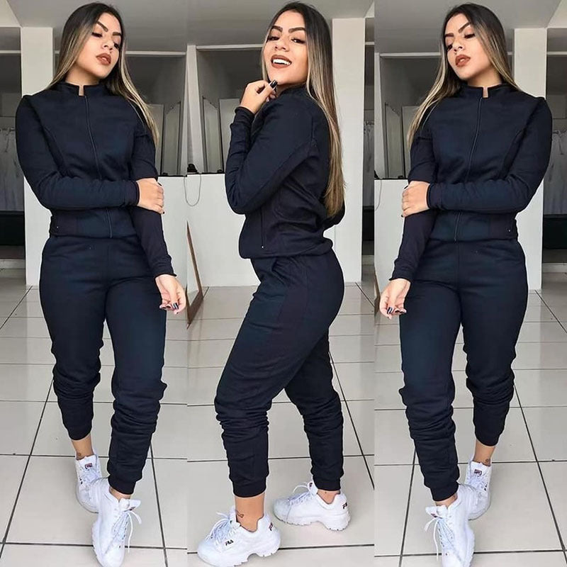 Women's Female Long sleeve Twinset Two Pieces Fitness Clothing Suit Two-piece Sets Black L