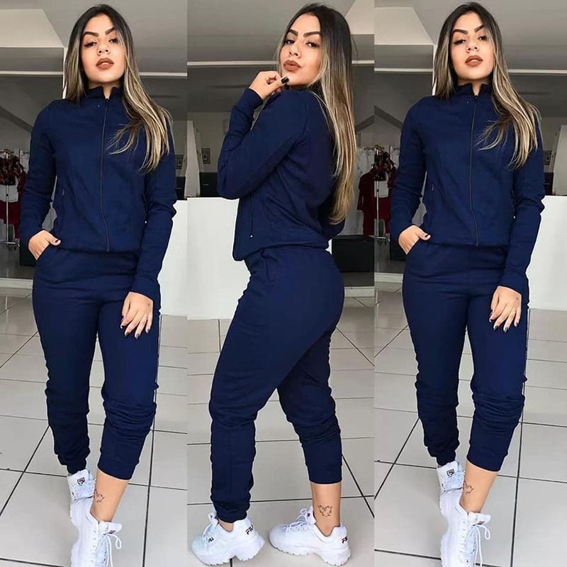 Women's Female Long sleeve Twinset Two Pieces Fitness Clothing Suit Two-piece Sets Dark Blue L