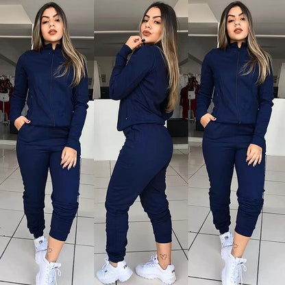 Women's Female Long sleeve Twinset Two Pieces Fitness Clothing Suit Two-piece Sets Dark Blue M