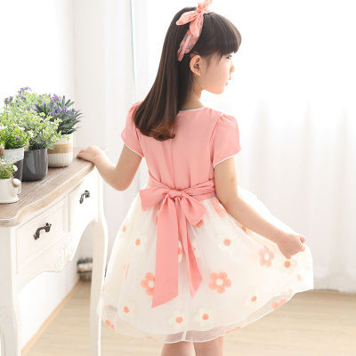 Lovely Girl's Fashionable Temperament Sun Flower Net Gauze Dress Pink 110cm