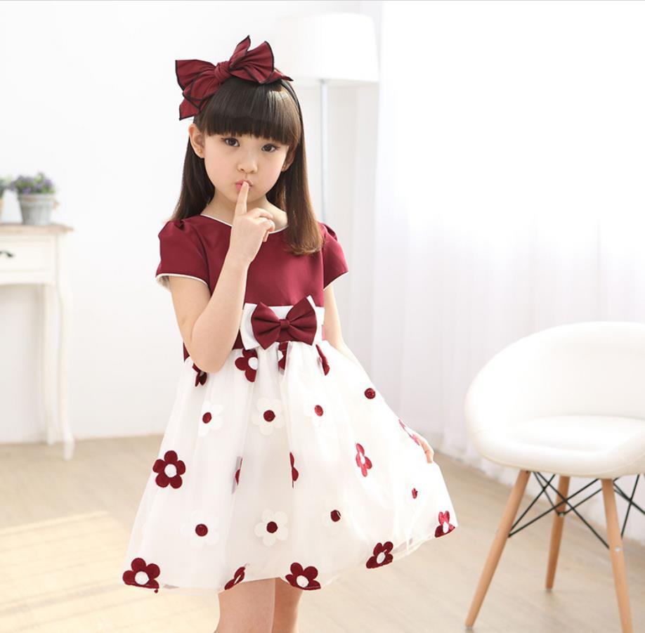 Lovely Girl's Fashionable Temperament Sun Flower Net Gauze Dress Wine Red 130cm