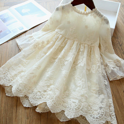 Elegant Children's Girl's Dress Embroidered Mesh Tulle Tutu Dress Skirt Beige 110cm