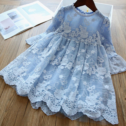 Elegant Children's Girl's Dress Embroidered Mesh Tulle Tutu Dress Skirt Blue 110cm