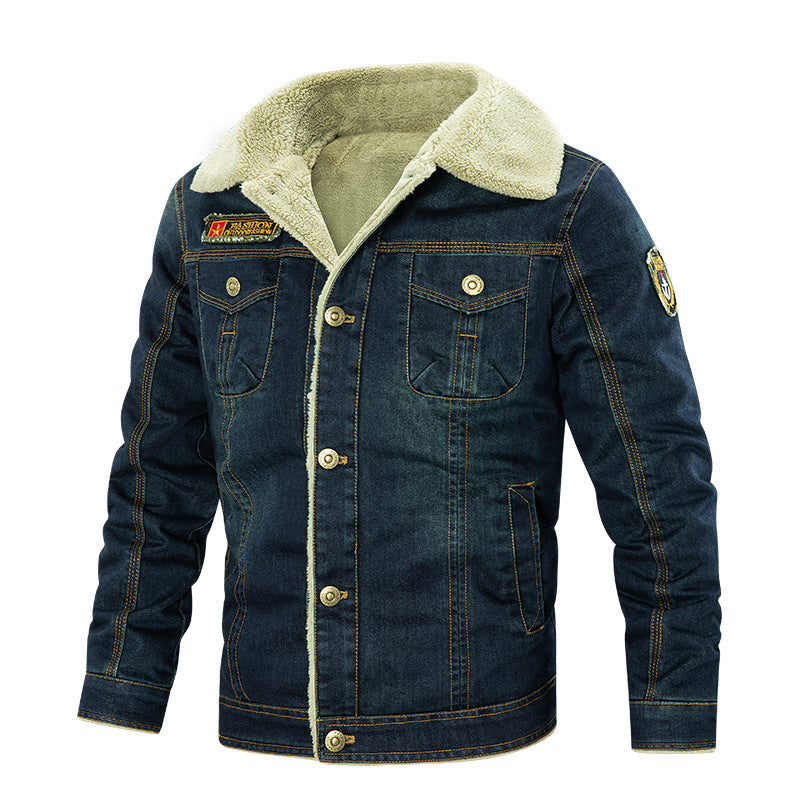 Cute Men's Denim Warm Fleece Multi-Pocket Winter Jacket Male Dark blue A 3XL