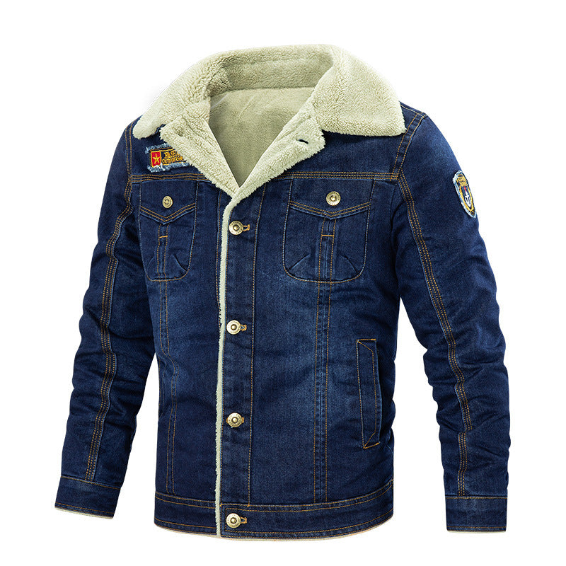 Cute Men's Denim Warm Fleece Multi-Pocket Winter Jacket Male Light blue A 3XL