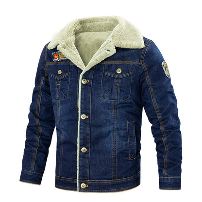 Cute Men's Denim Warm Fleece Multi-Pocket Winter Jacket Male Light blue A 3XL