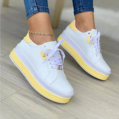 Women's Fashion Platform Sole Double Block Lace Up Sneakers Yellow 35