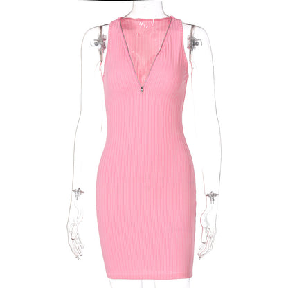 Lovely Women's Female Stripe Knitted Sleeveless Mini Dress Pink L